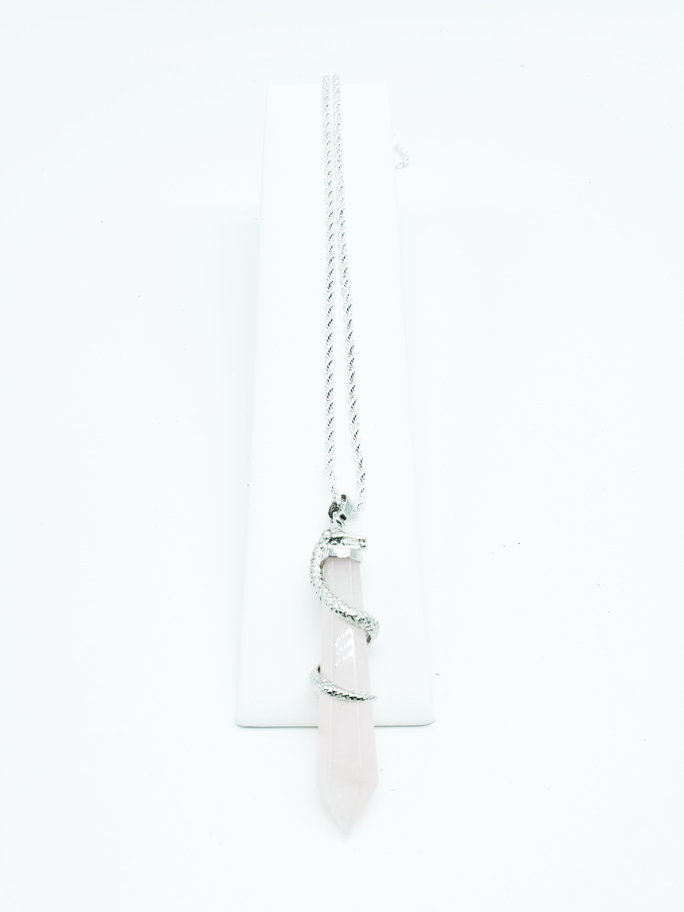 Rose Quartz Necklace with Silver Plated Snake on a Sterling Silver Rope Chain - The Caffeinated Raven