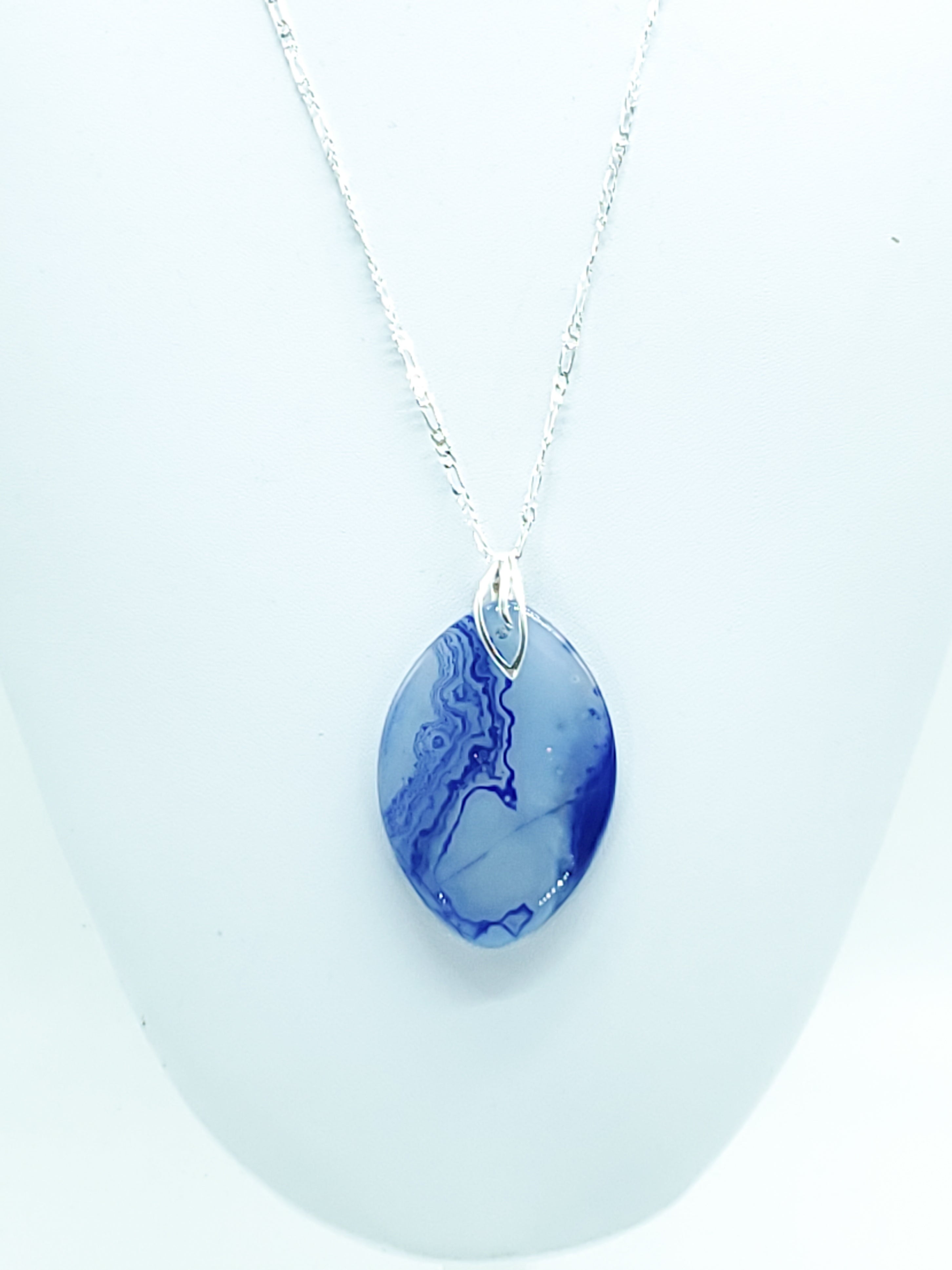 Blue Lace Agate Oval on Sterling Silver Leaf Bail and Figaro Chain - The Caffeinated Raven