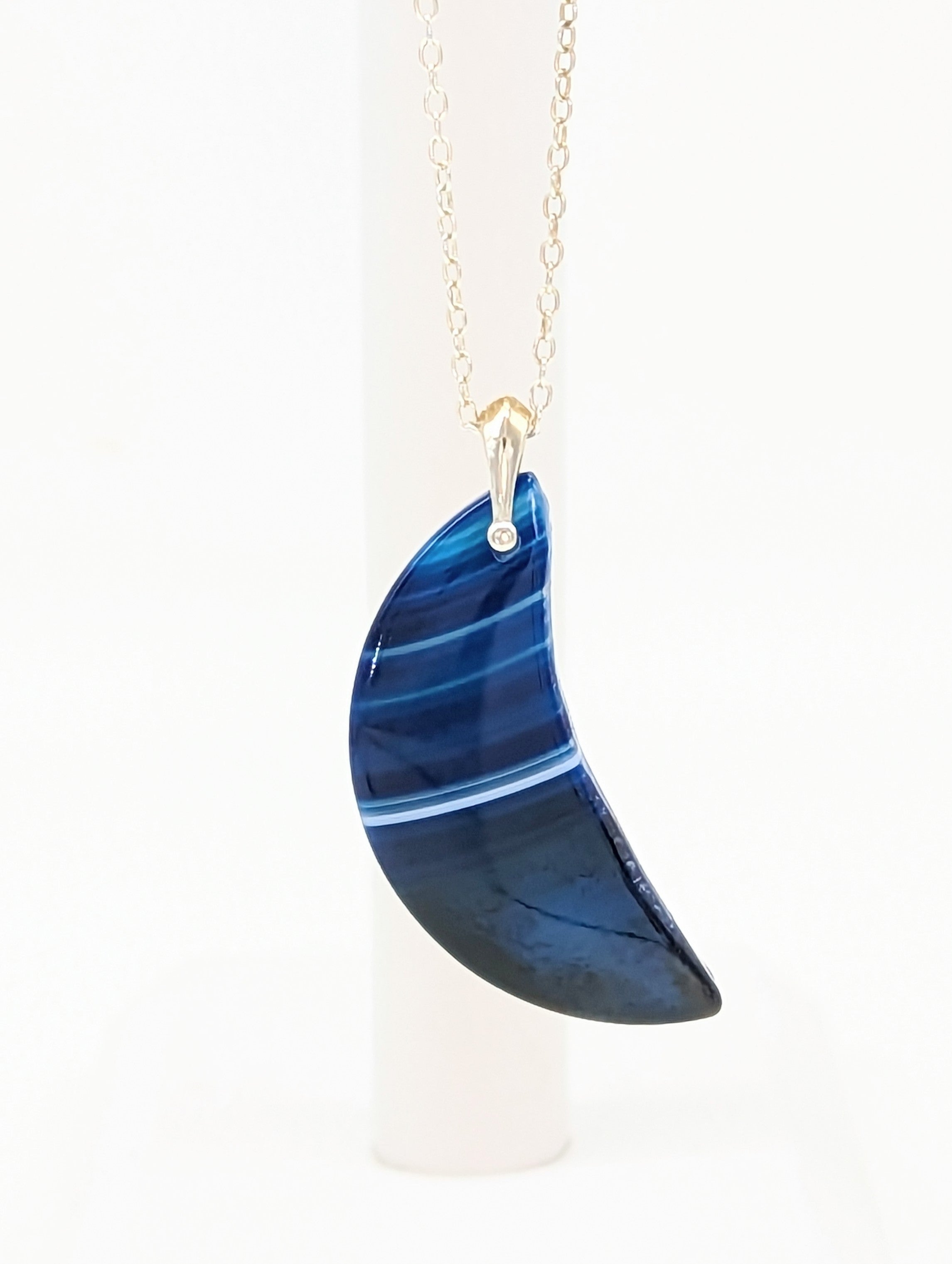 Blue Agate Moon Necklace on Sterling Silver Bail and Chain