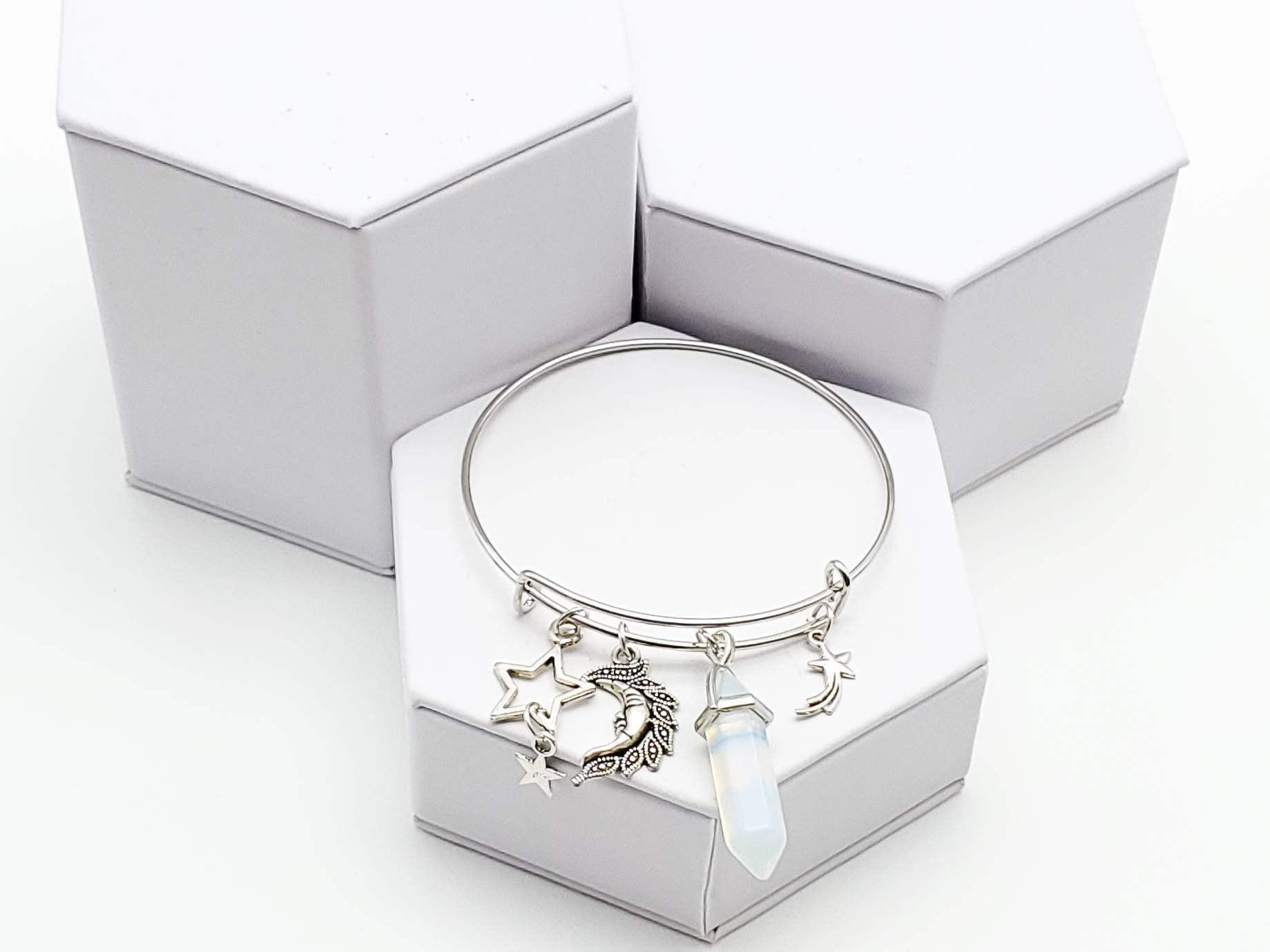 Charm Bangle with Moon and Star Charms and Opalite/Opaline Crystal - The Caffeinated Raven