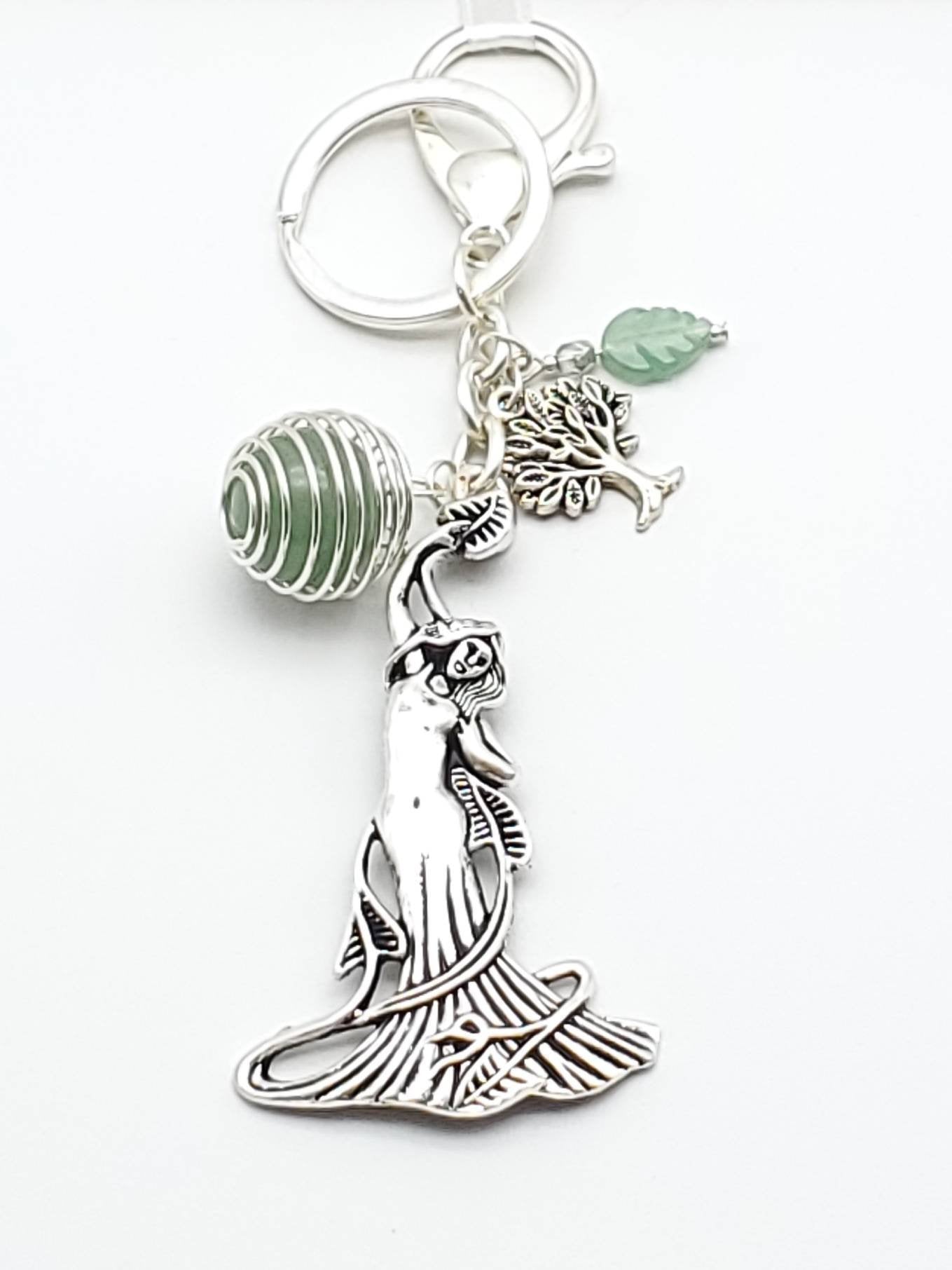 Keychain with Goddess and Tree of Life Charms with Caged Aventurine and Carved Aventurine Leaf - The Caffeinated Raven