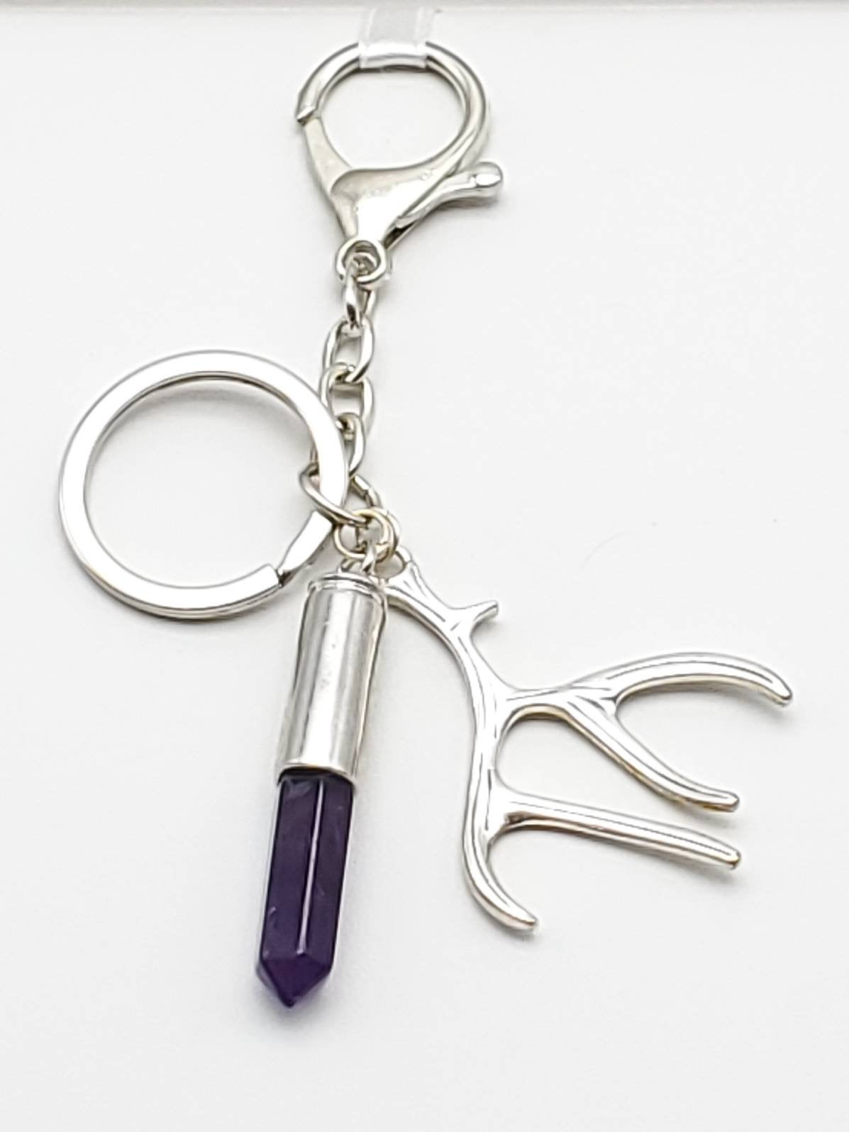 Keychain with Amethyst Crystal and Antler Charm - The Caffeinated Raven