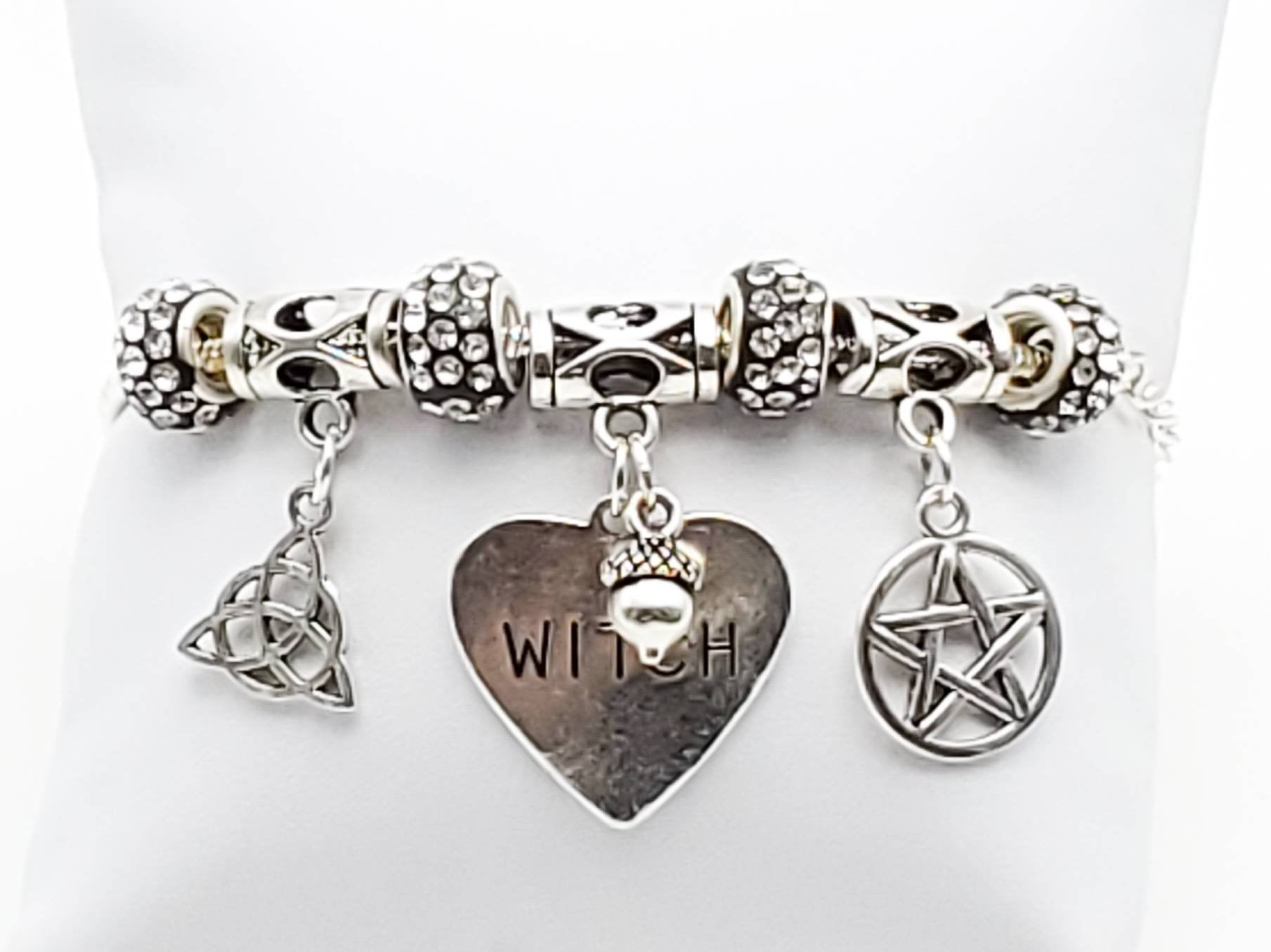 Charm Bracelet with Acorn, Triquera, Pentacle and WITCH Heart Charms - The Caffeinated Raven