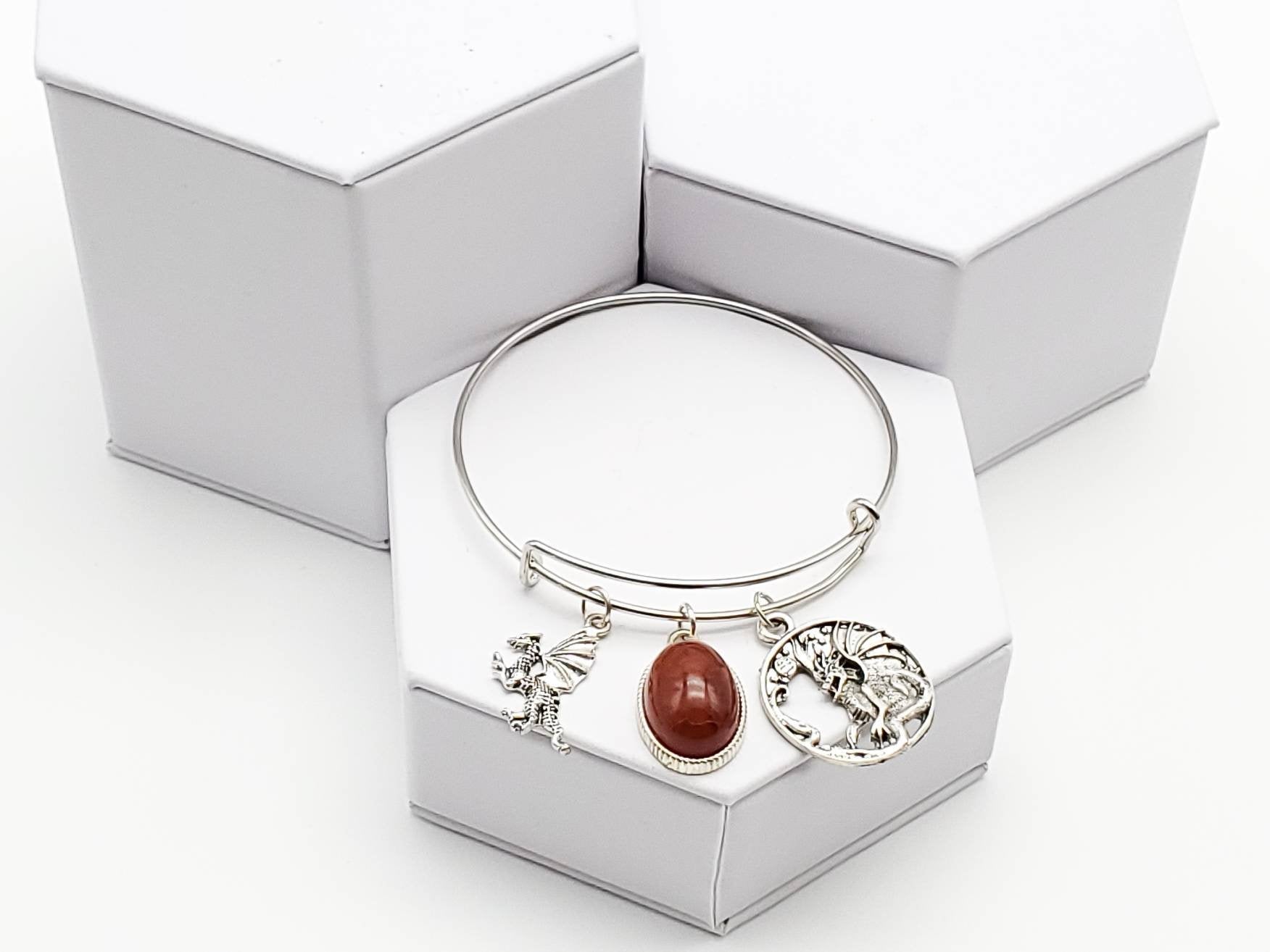 Charm Bangle with Dragon Charms and Red Dragon Vein Agate - The Caffeinated Raven
