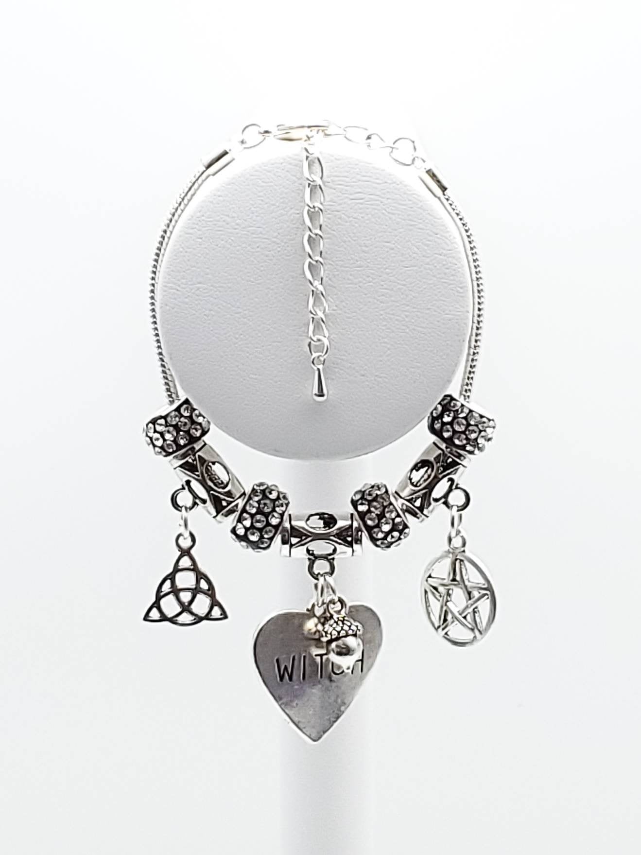 Charm Bracelet with Acorn, Triquera, Pentacle and WITCH Heart Charms - The Caffeinated Raven