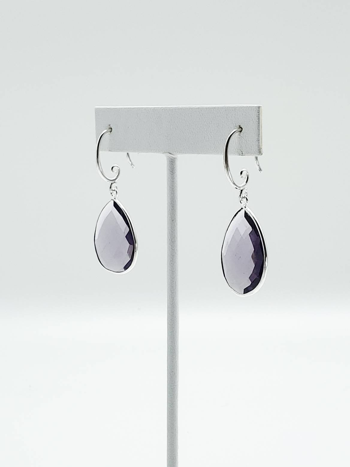 Silver Plated Pear Briolette Amethyst Bezel Earrings on Sterling Silver Ear Wires - The Caffeinated Raven