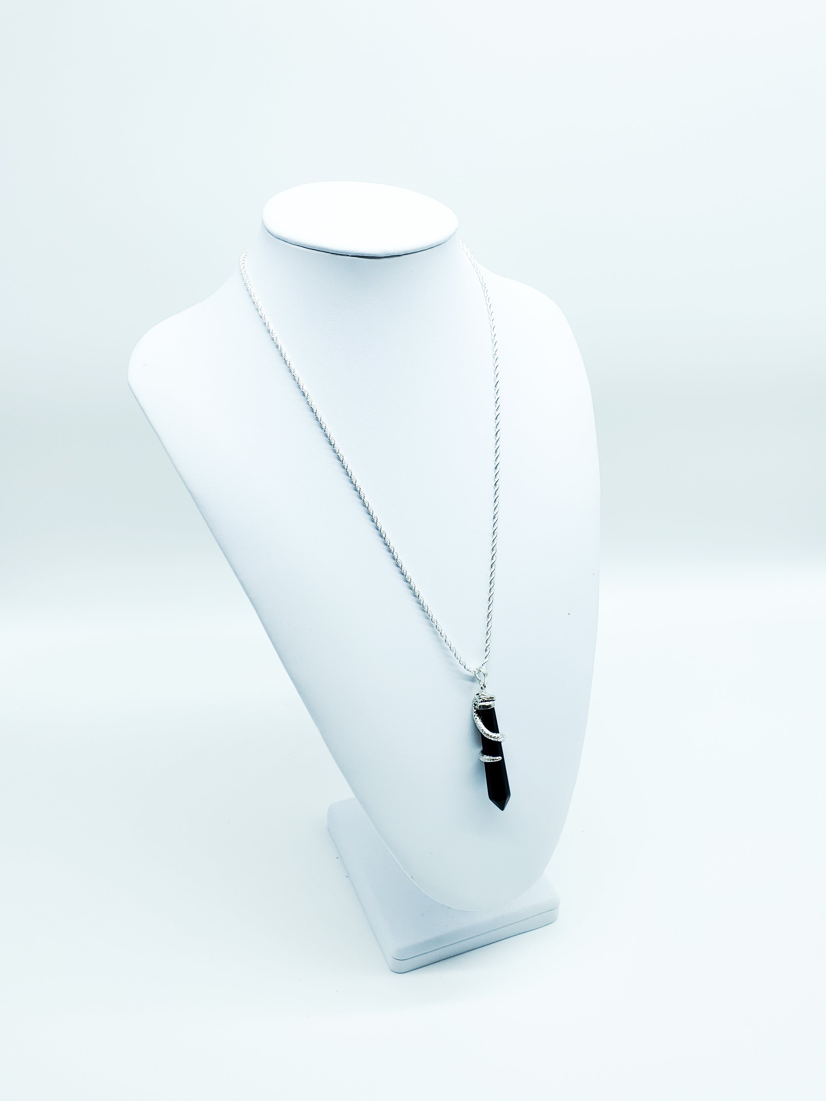 Onyx Necklace with Silver Plated Snake on a Sterling Silver Rope Chain - The Caffeinated Raven