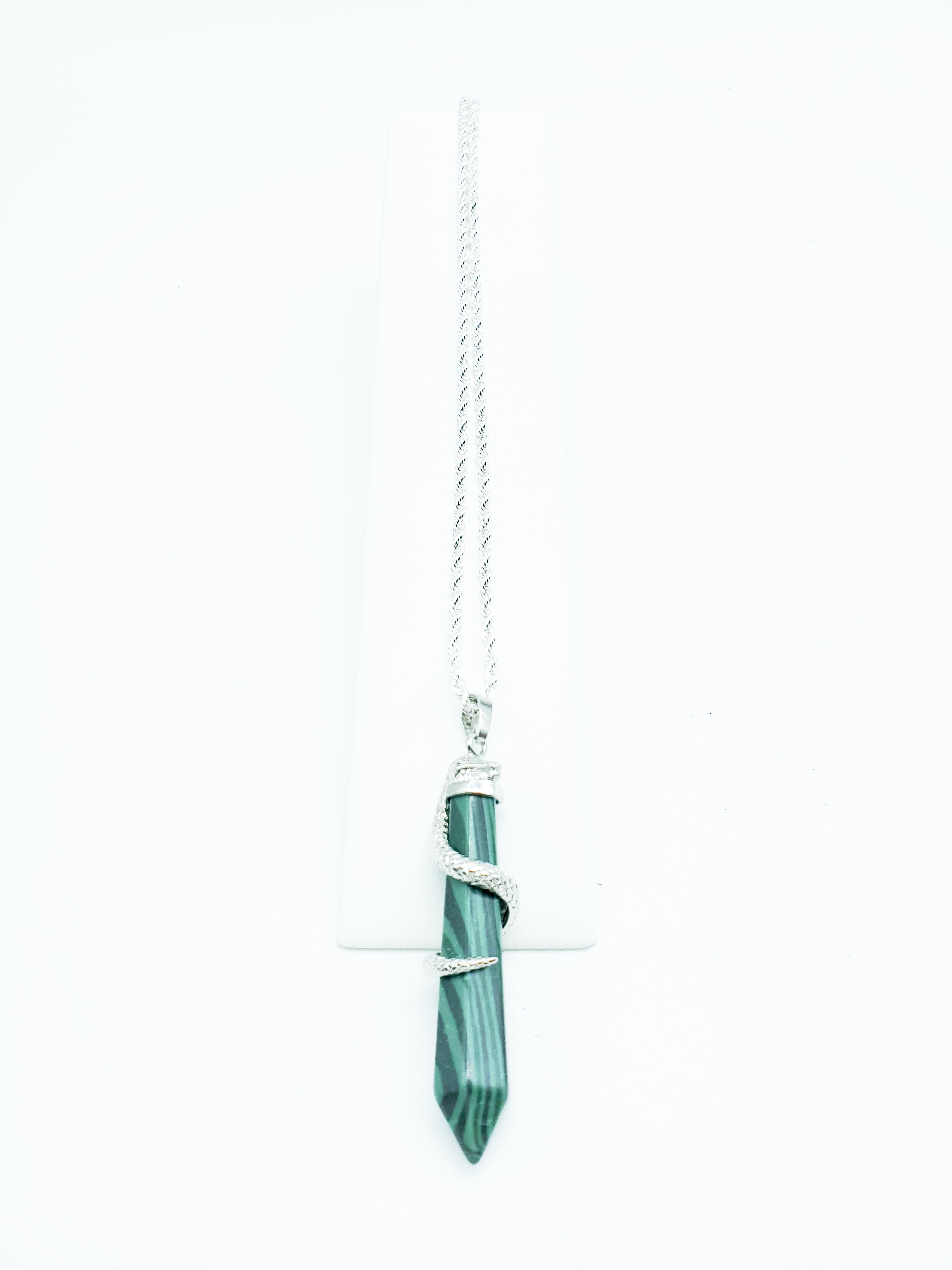 Malachite with Silver Plated Snake on a Sterling Silver Rope Chain - The Caffeinated Raven