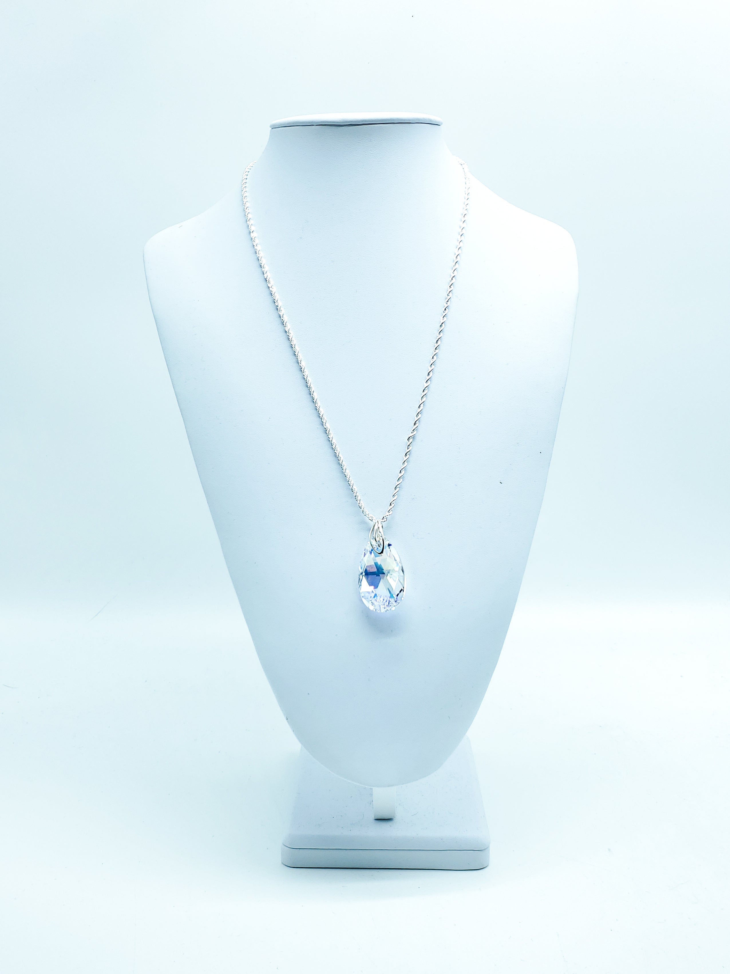 Pear "Crystal Aurore Boreale" Swarovski Crystal on Leaf bail and Sterling Silver Snake Chain - The Caffeinated Raven