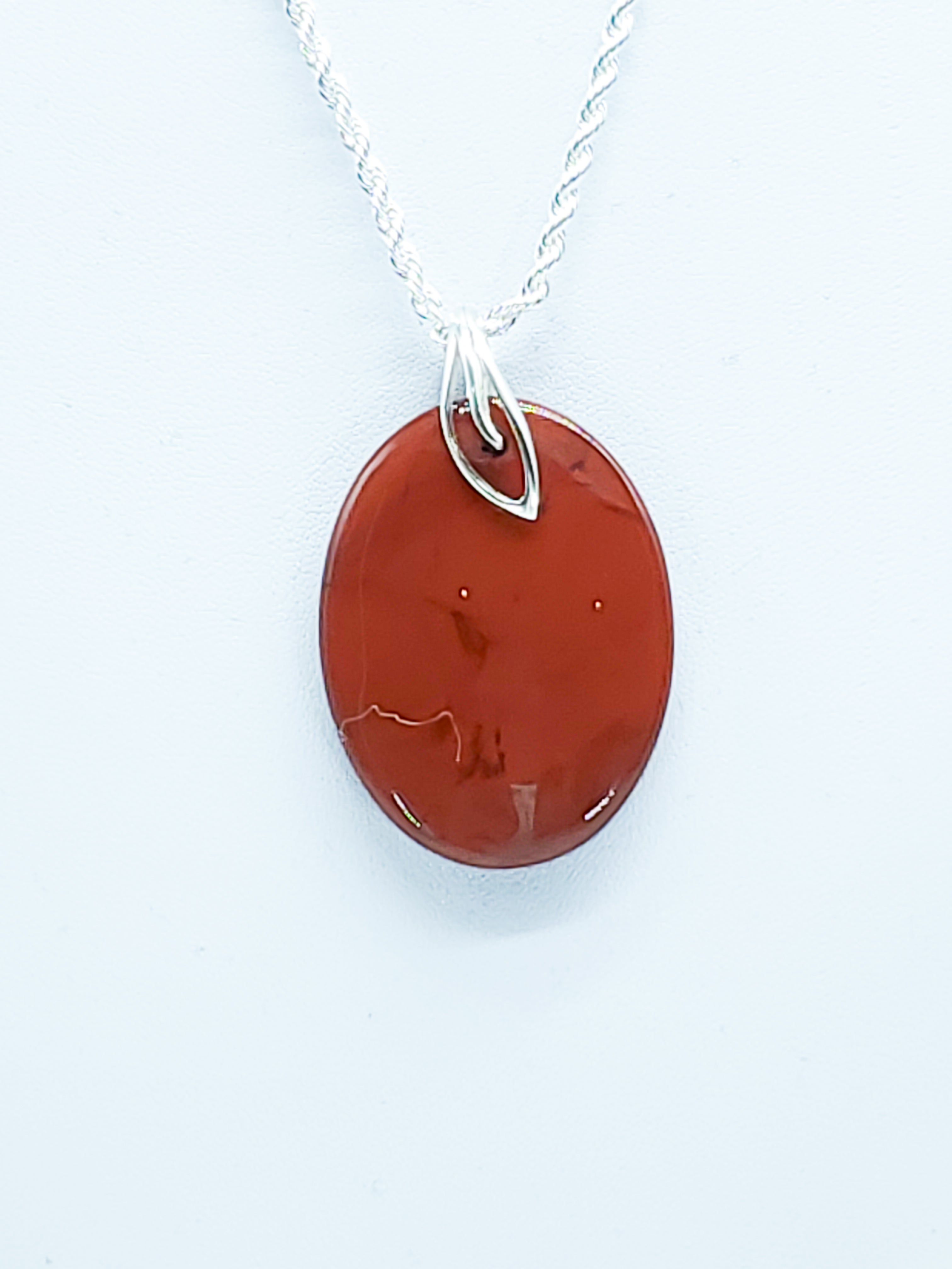 Red Jasper Oval with Leaf Bail on Sterling Silver Rope Chain - The Caffeinated Raven
