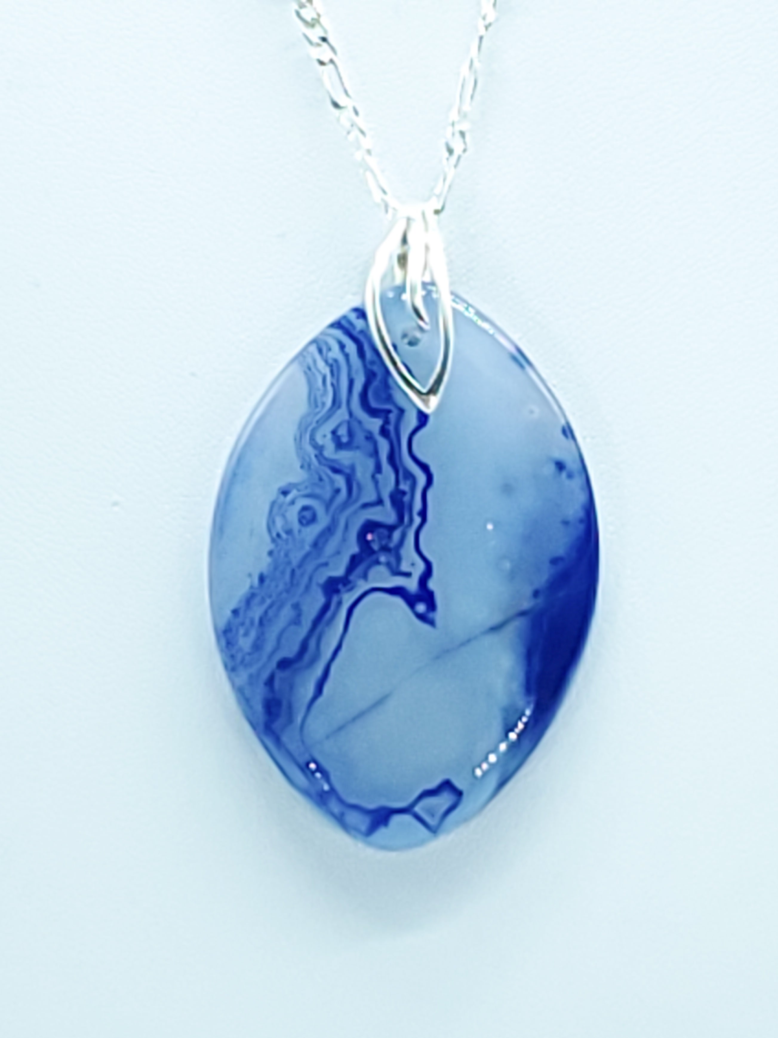 Blue Lace Agate Oval on Sterling Silver Leaf Bail and Figaro Chain - The Caffeinated Raven