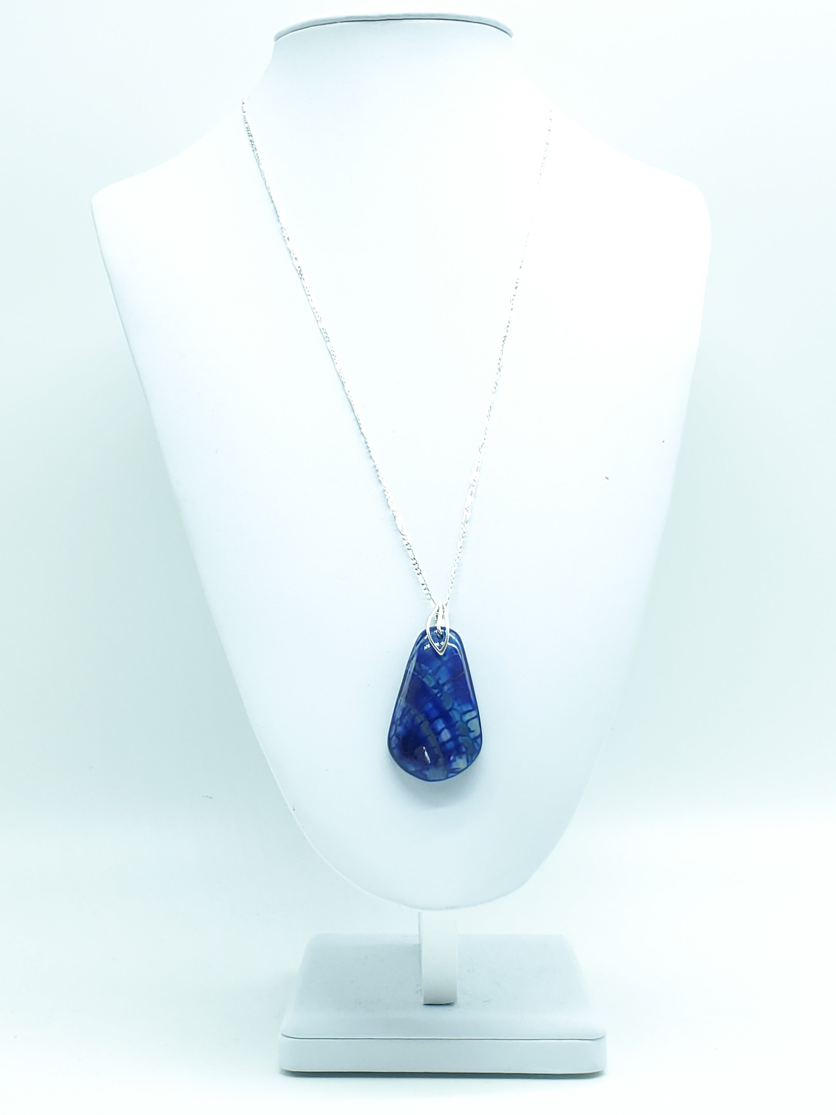Blue Dragon Vein Agate Teardrop on Sterling Silver Leaf Bail and Figaro Chain - The Caffeinated Raven
