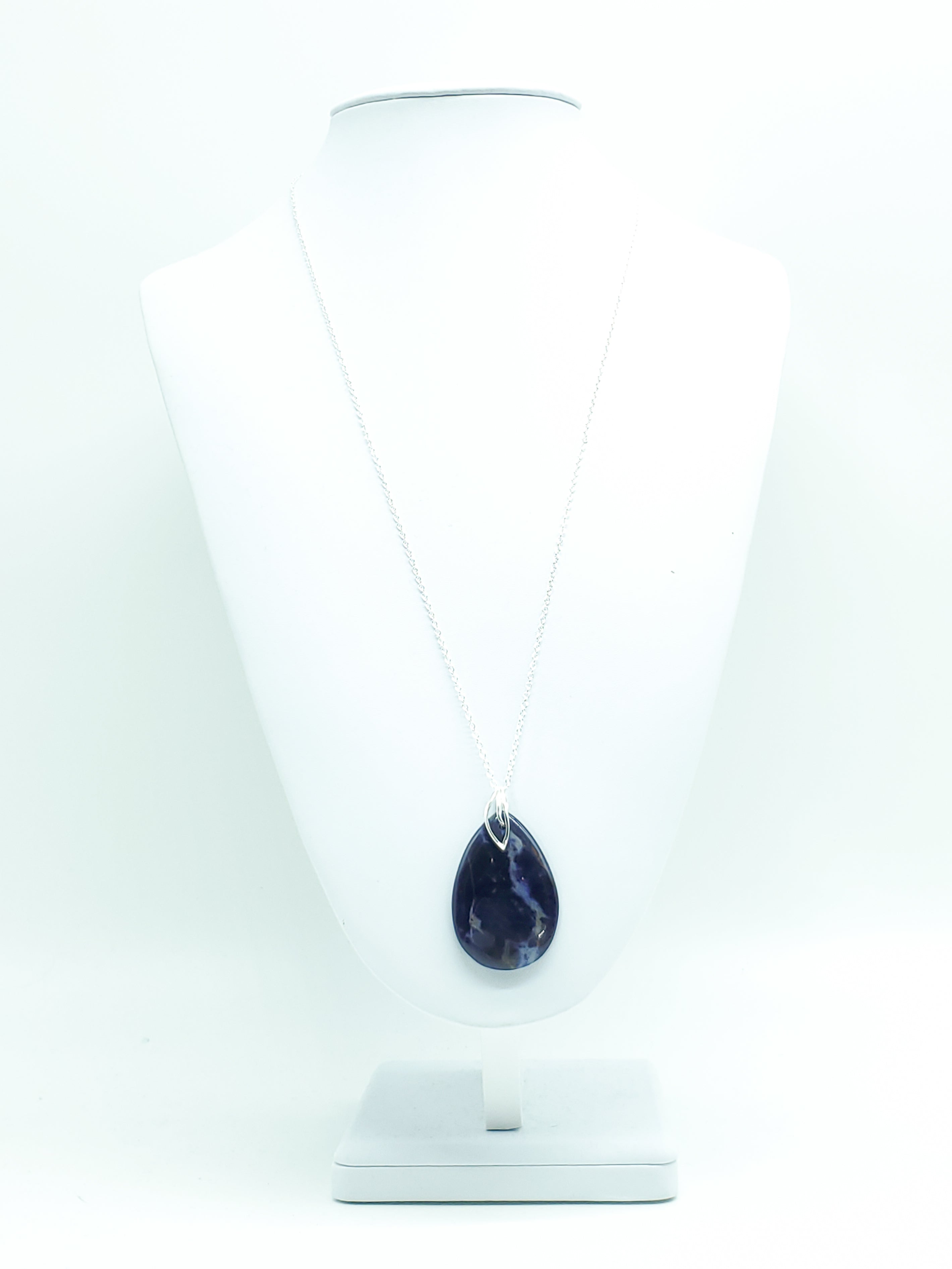 Teardrop Sodalite Pendant on Sterling Silver Leaf Bail and Chain - The Caffeinated Raven