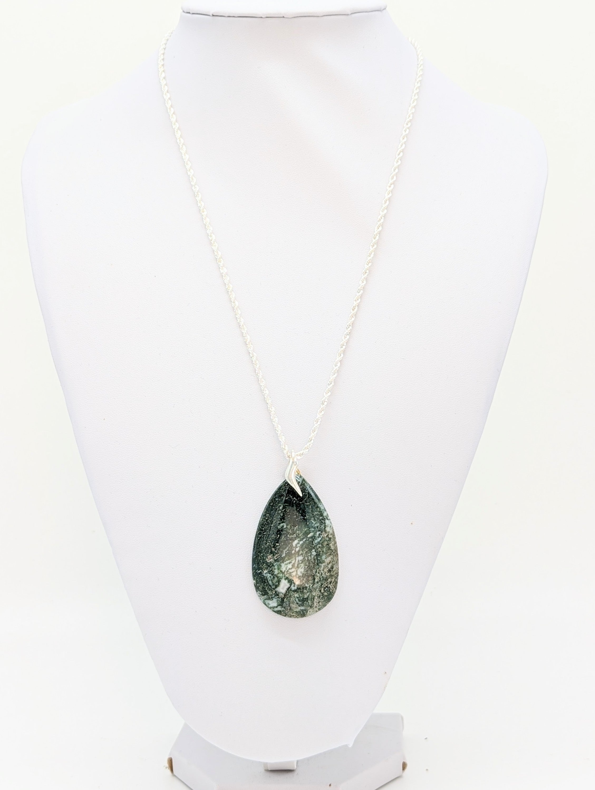 Teardrop Moss Agate Pendant on Sterling Silver Rope Chain