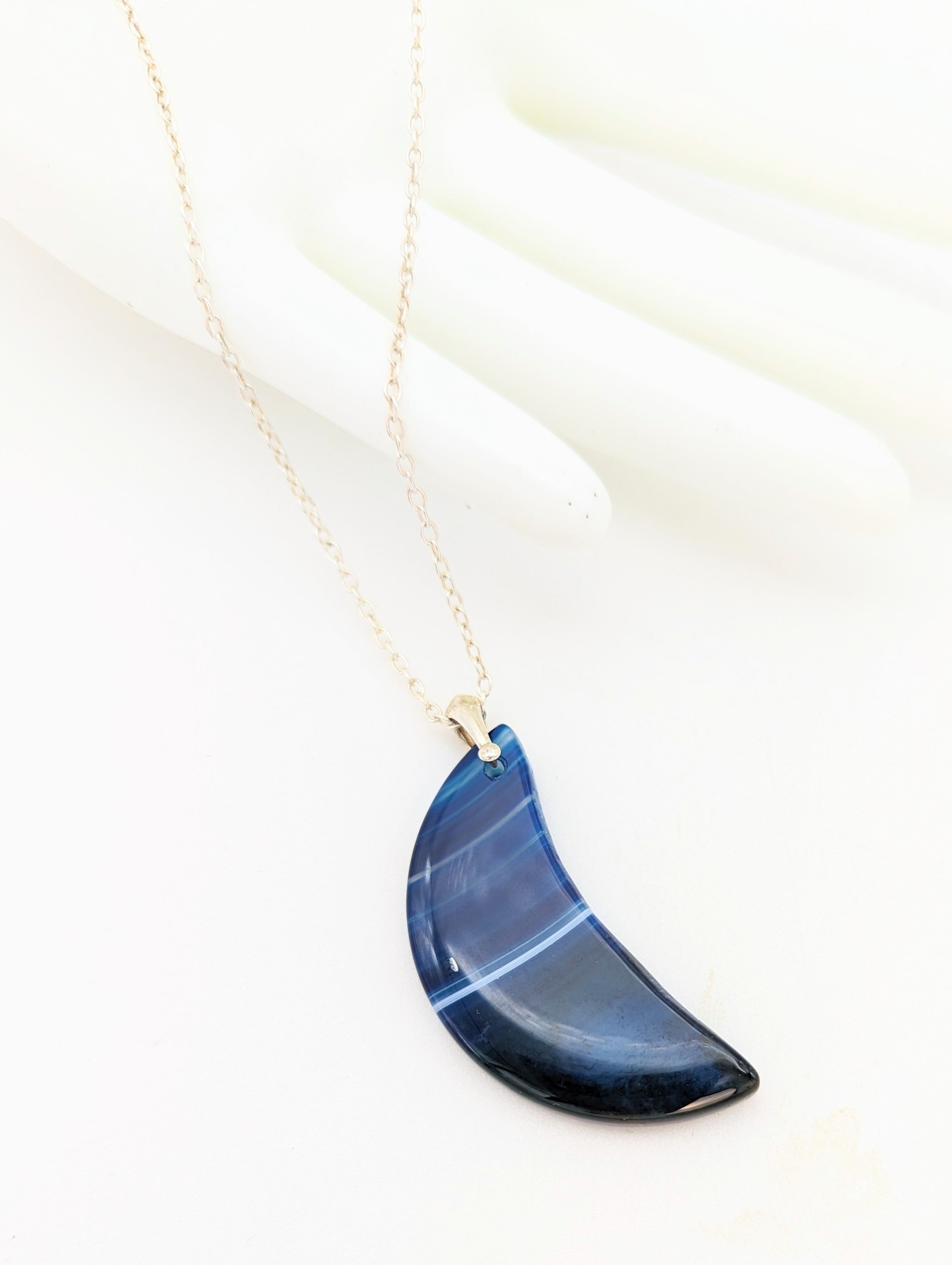 Blue Agate Moon Necklace on Sterling Silver Bail and Chain