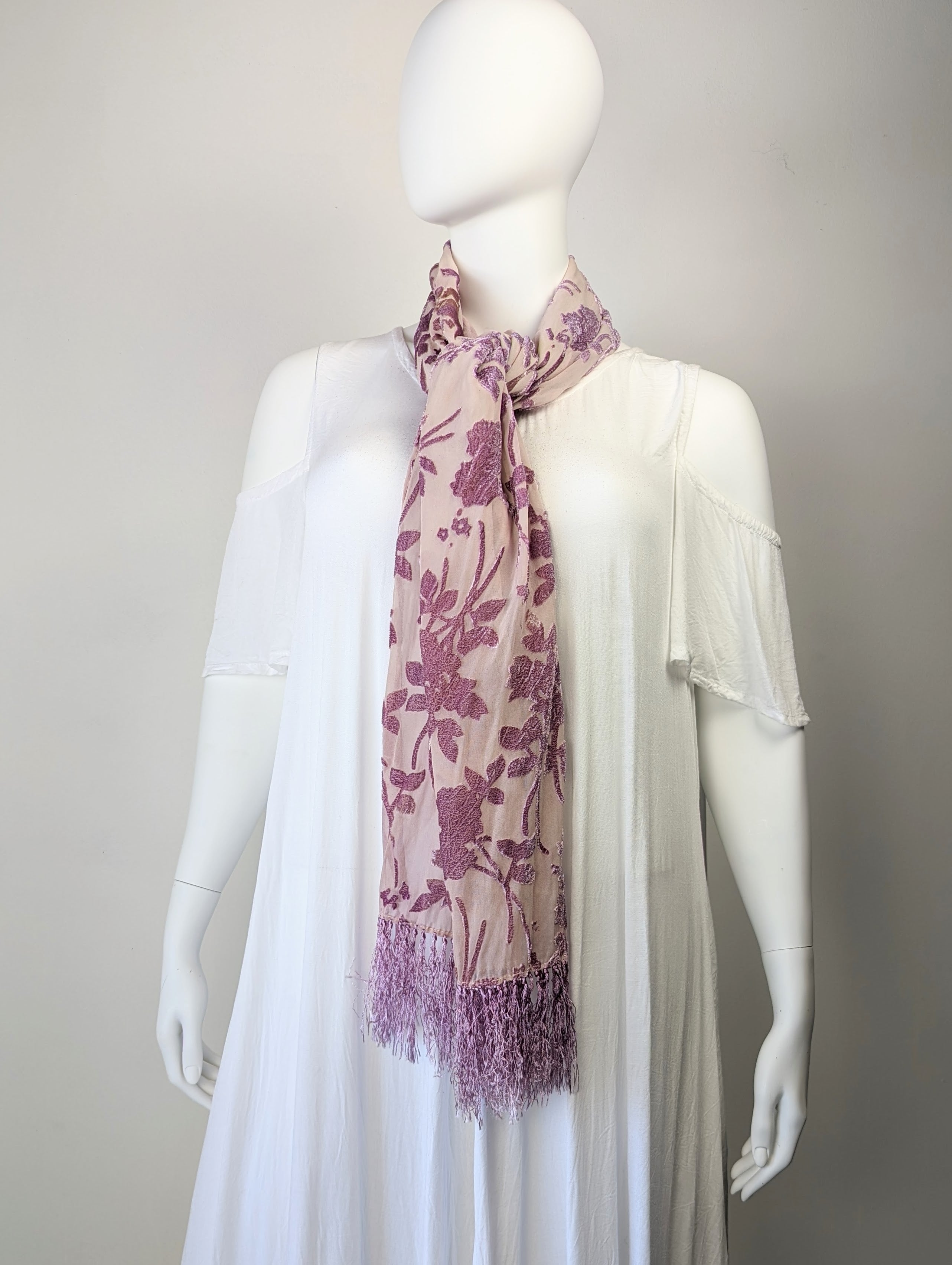 Rose Floral Cut Silk Velvet Scarf with Fringe - 22 X 72"