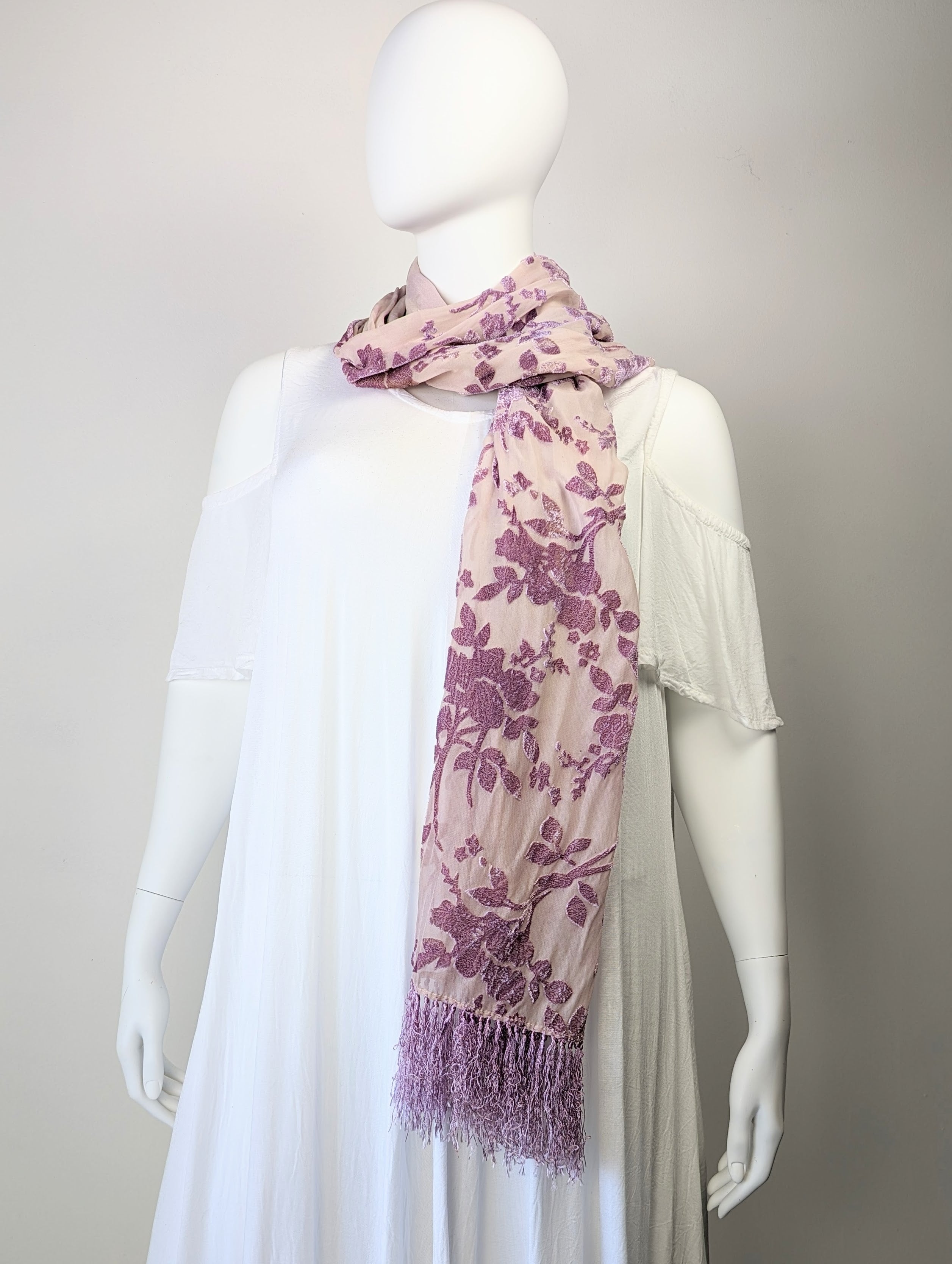 Rose Floral Cut Silk Velvet Scarf with Fringe - 22 X 72"