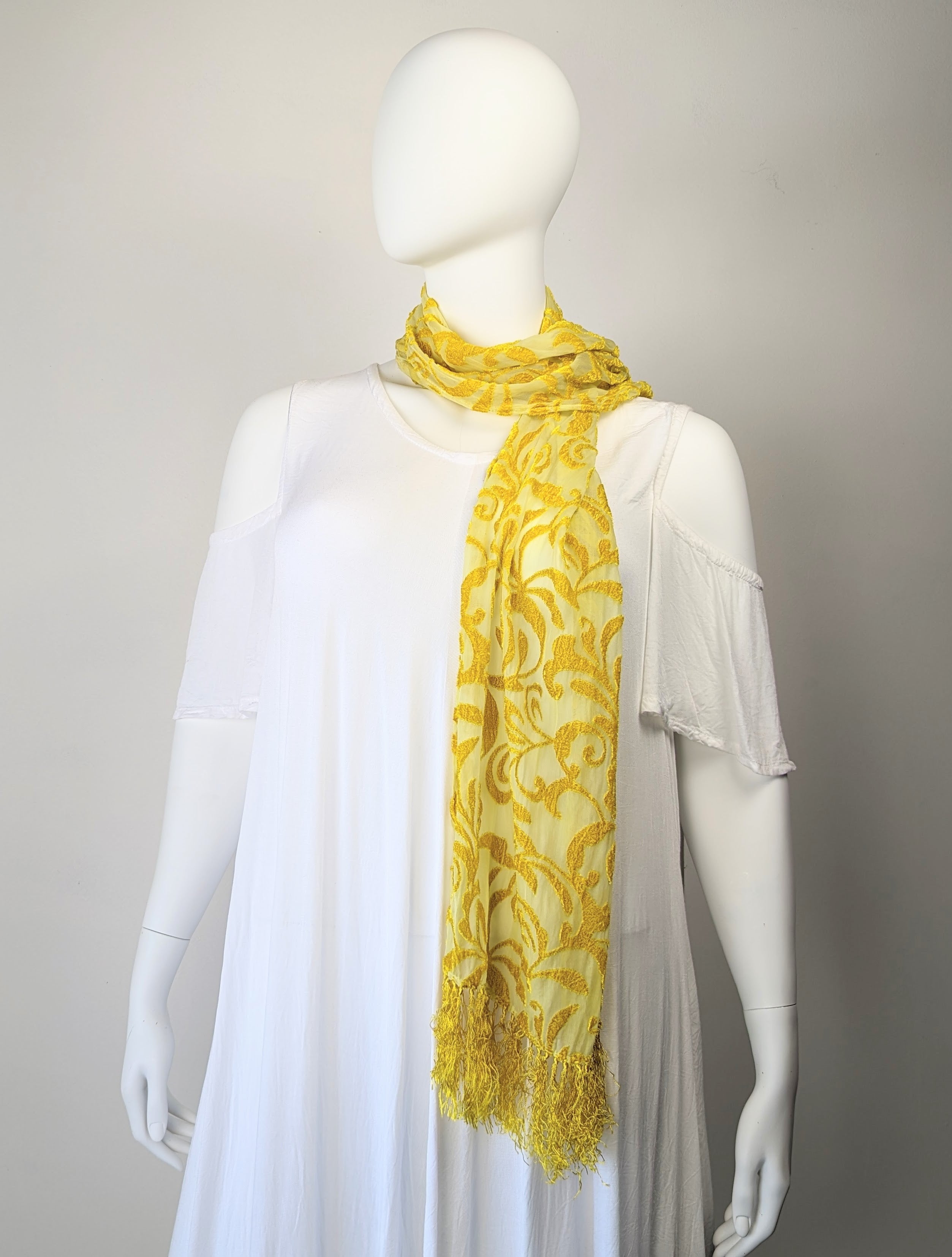 Yellow Baroque Cut Silk Velvet Scarf with Fringe- 14'x72'