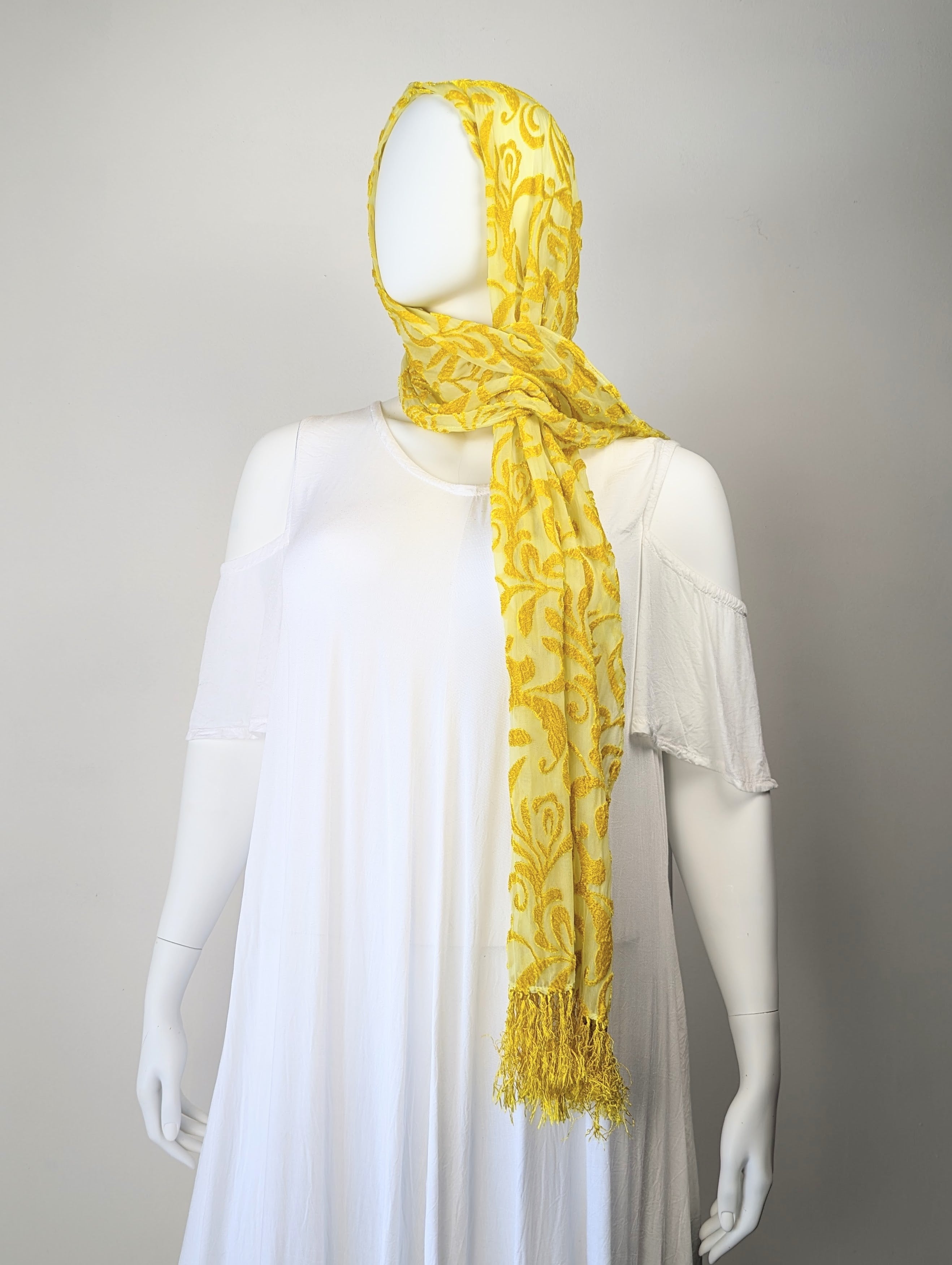 Yellow Baroque Cut Silk Velvet Scarf with Fringe- 14'x72'