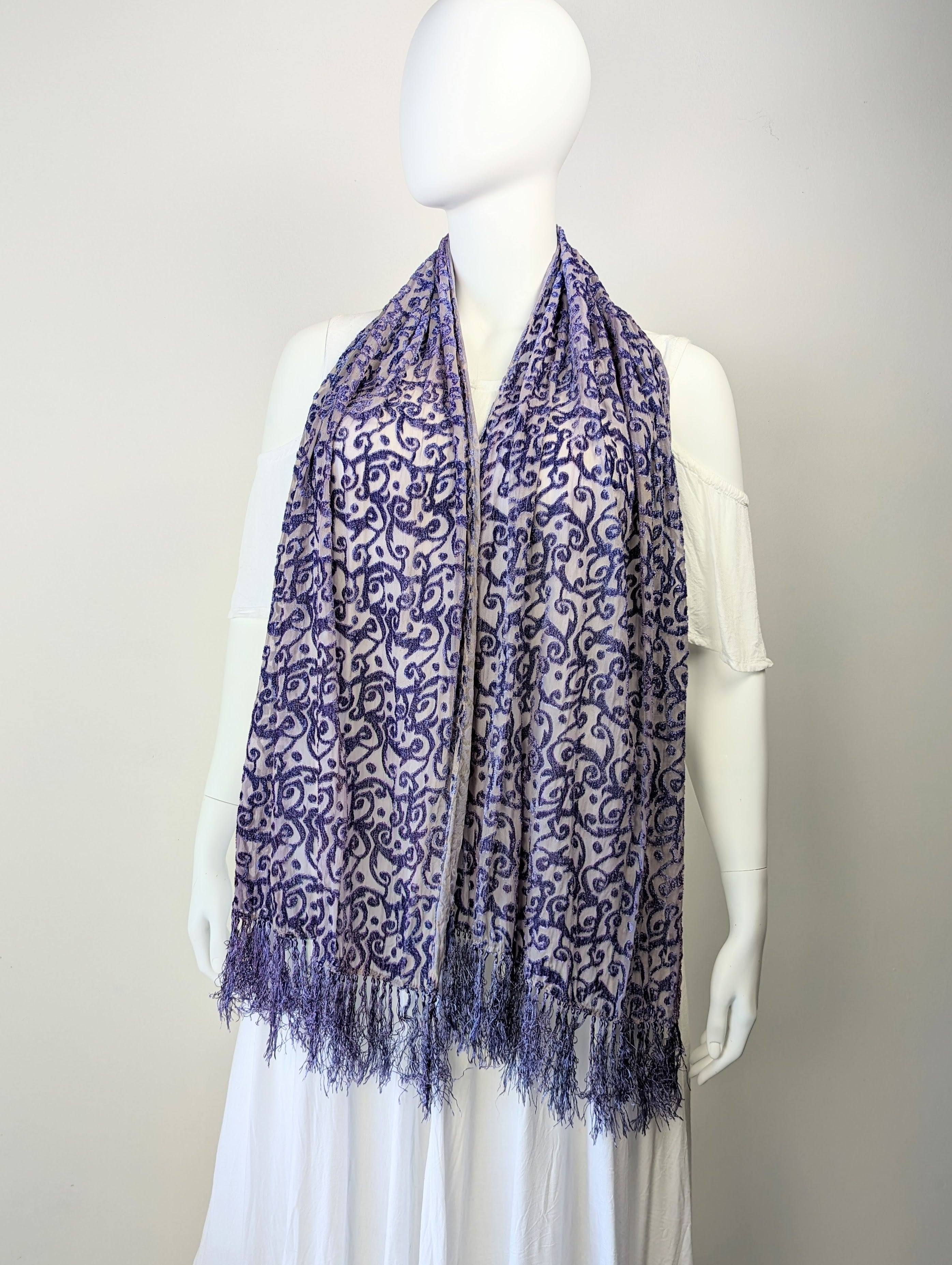 Purple Abstract Cut Silk Velvet Scarf with Fringe- 22'x72'