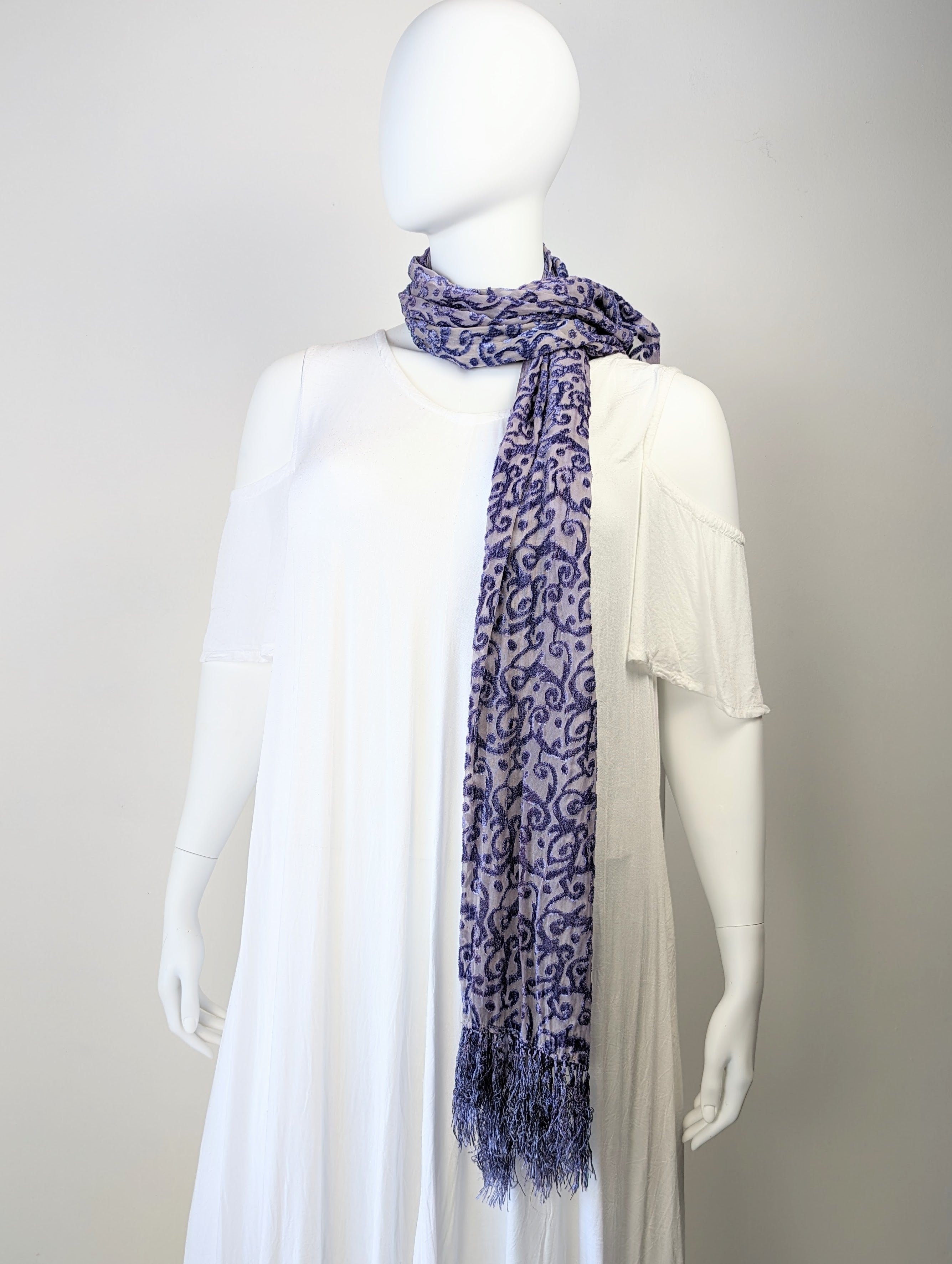Purple Abstract Cut Silk Velvet Scarf with Fringe- 22'x72'