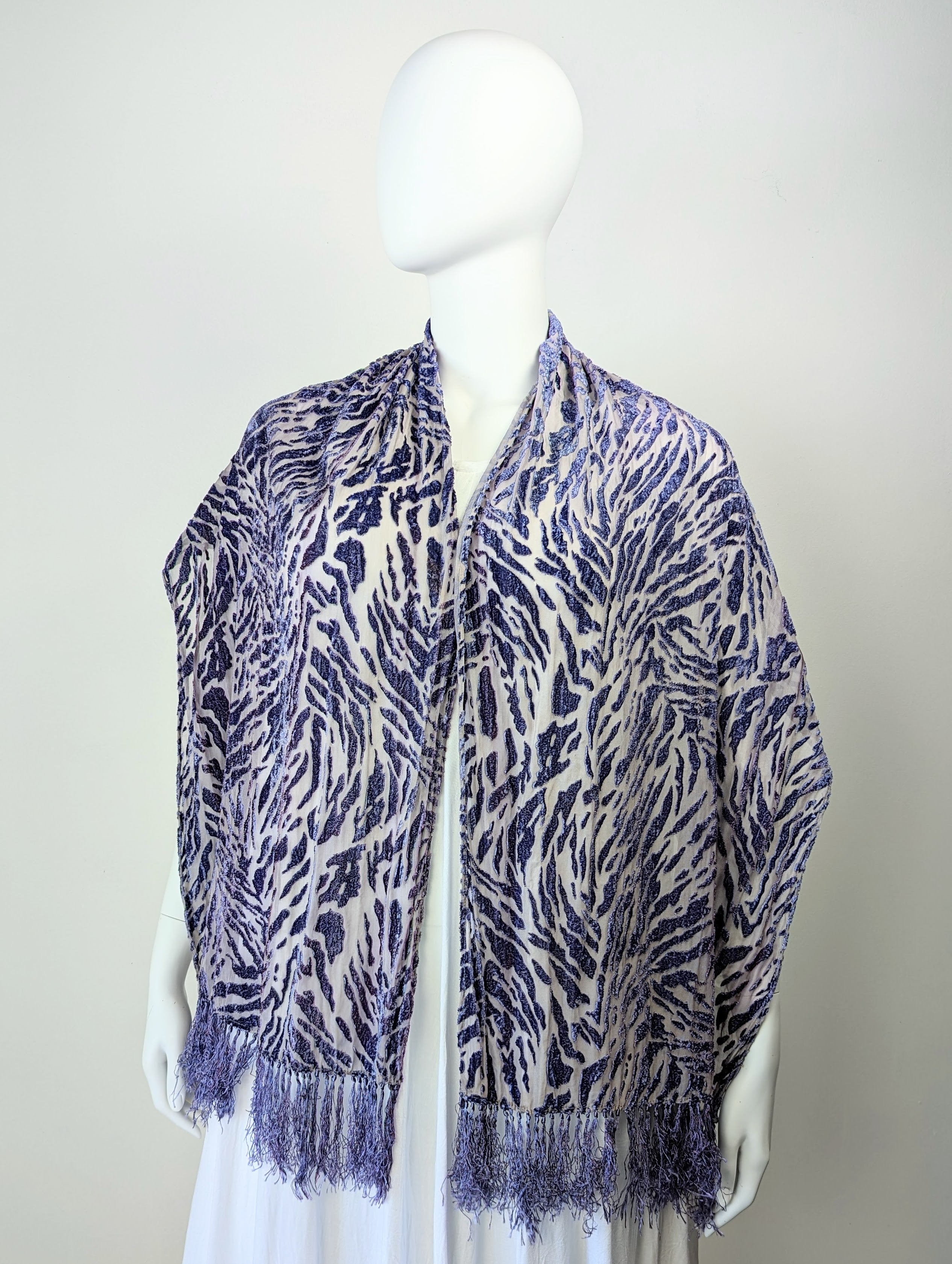 Purple Animal Print Cut Silk Velvet Scarf with Fringe- 22'x72'