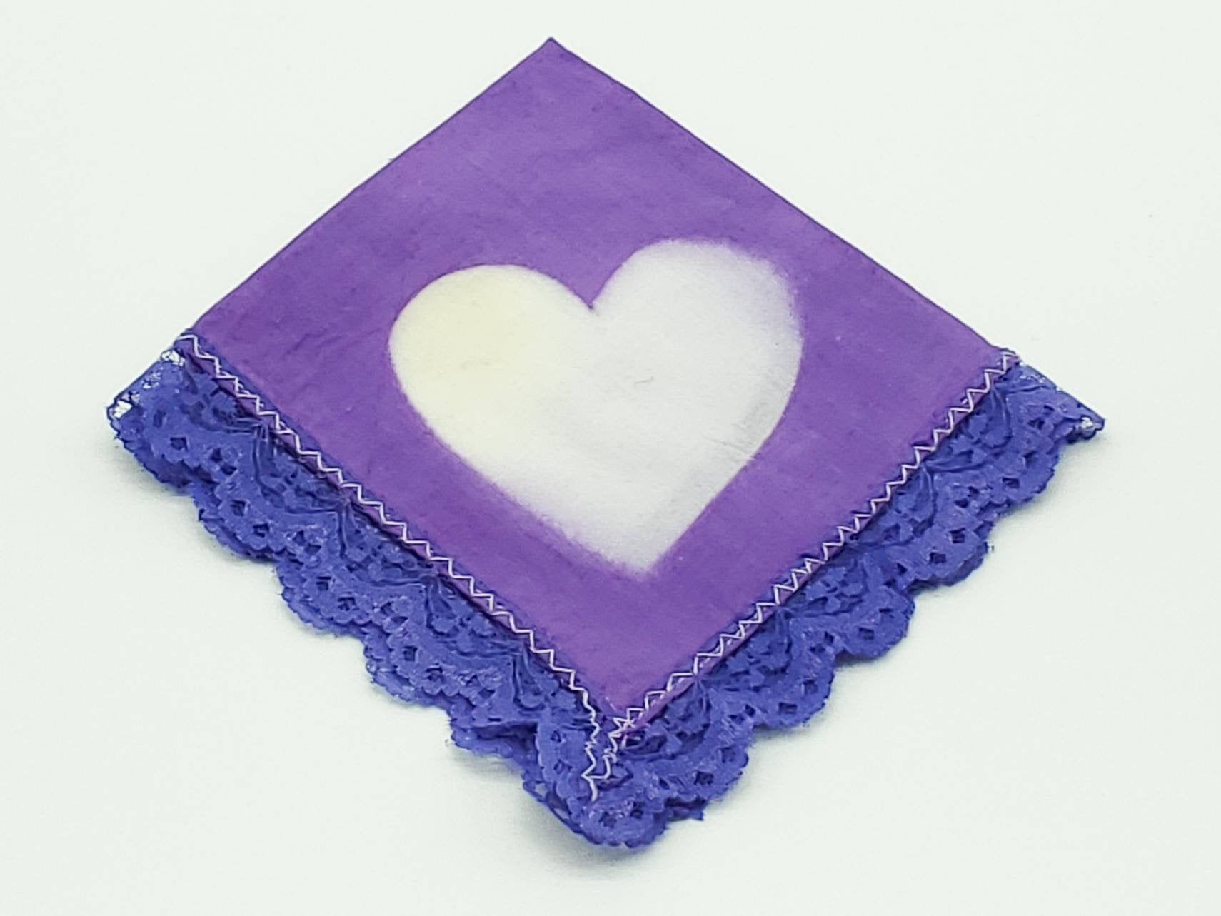 Itajime Hearts Handkerchief or Pocket Square with Violet Lace Trim - The Caffeinated Raven