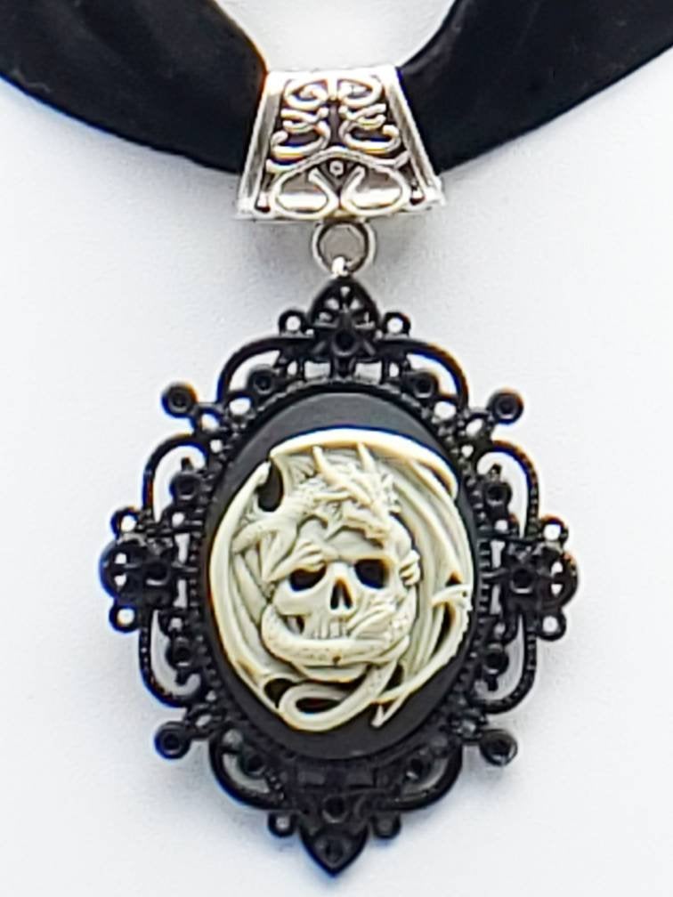 Velvet Choker Necklace with Dragon and Skull Cameo - The Caffeinated Raven