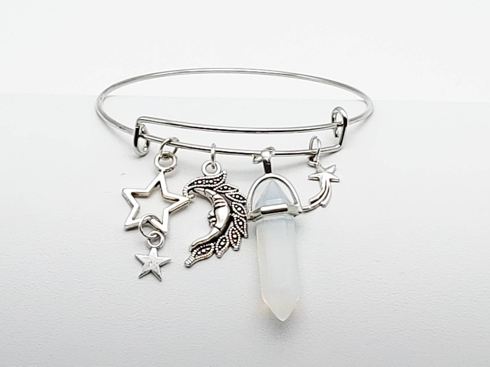 Charm Bangle with Moon and Star Charms and Opalite/Opaline Crystal - The Caffeinated Raven