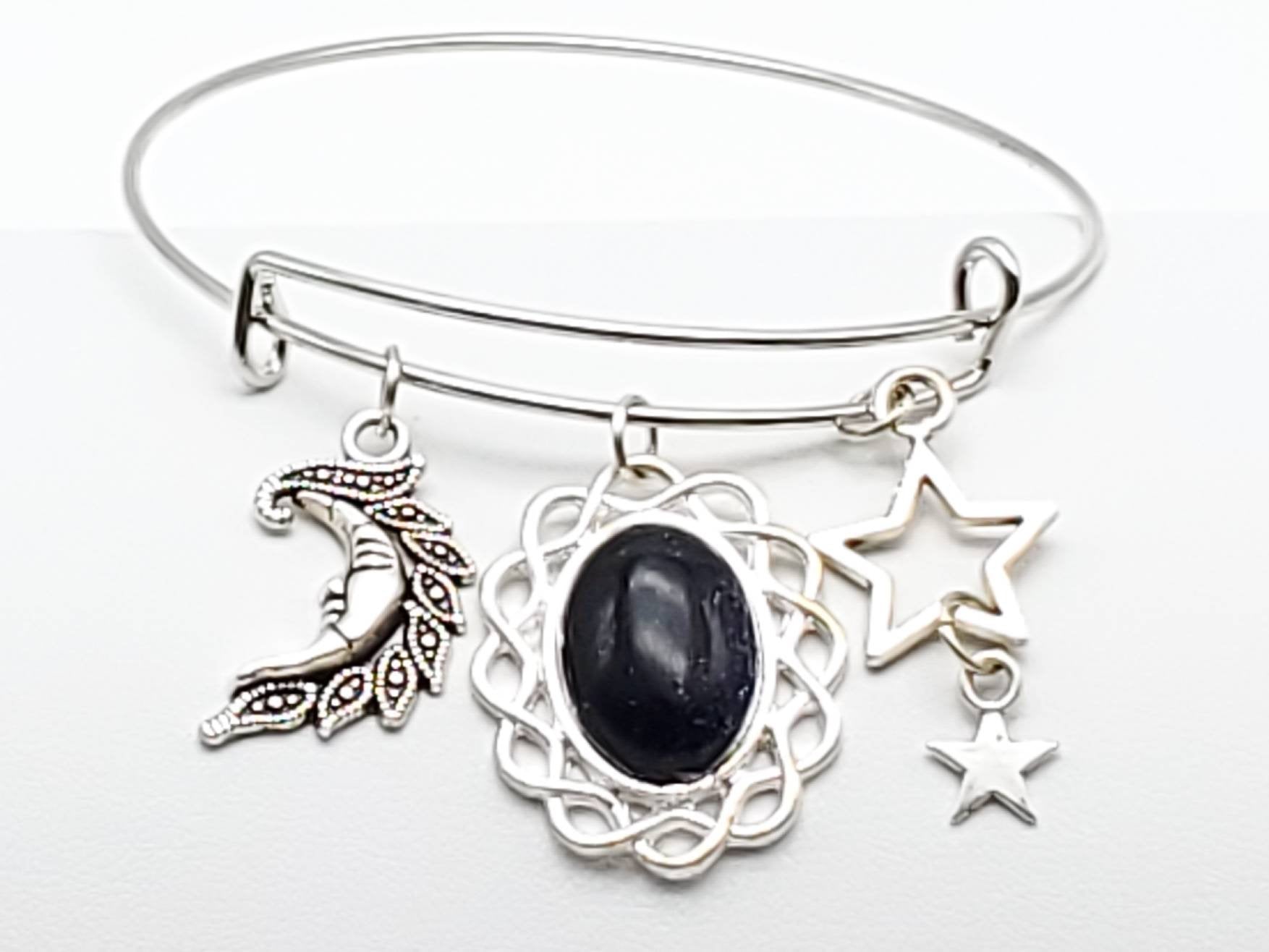 Blue Sandstone Charm Bangle with Moon & Star Charms - The Caffeinated Raven