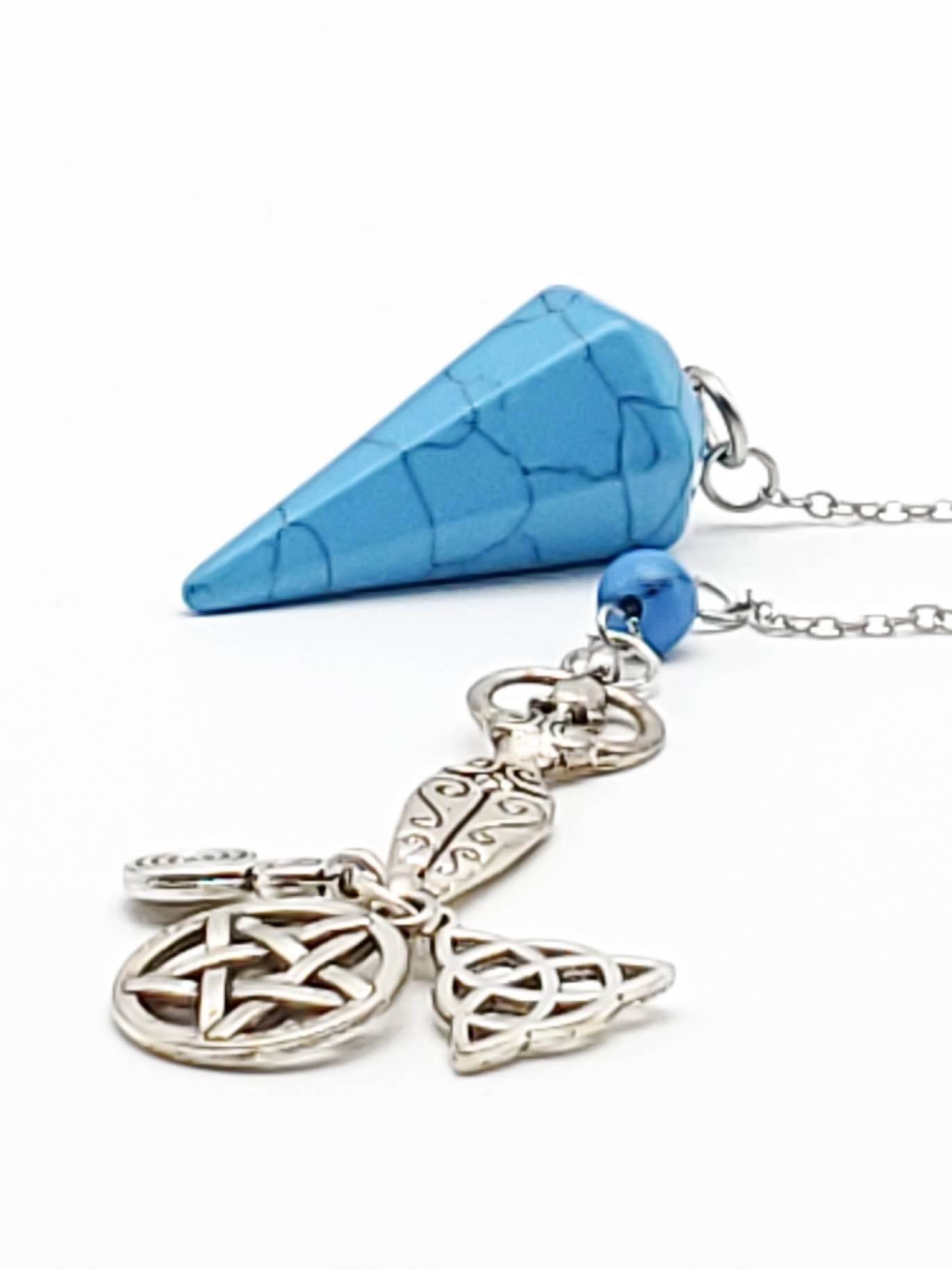 Turquoise Pendulum with Goddess, Celtic Spiral, Triquera, and Pentacle Charms - The Caffeinated Raven