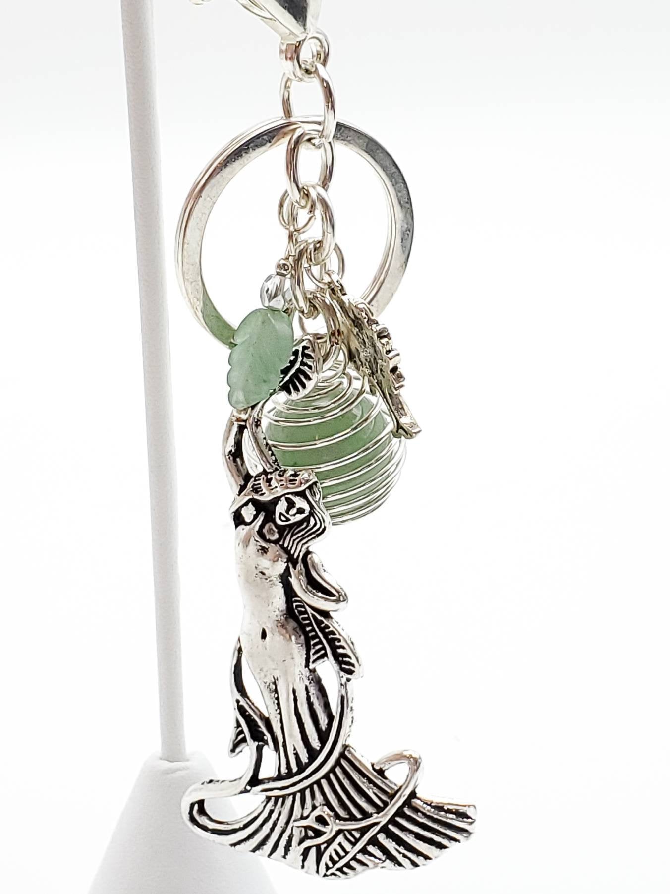 Keychain with Goddess and Tree of Life Charms with Caged Aventurine and Carved Aventurine Leaf - The Caffeinated Raven