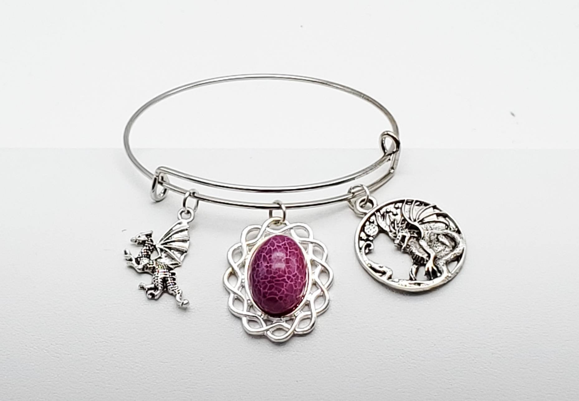 Charm Bangle with Dragon Charms and Pink Dragon Vein Agate - The Caffeinated Raven