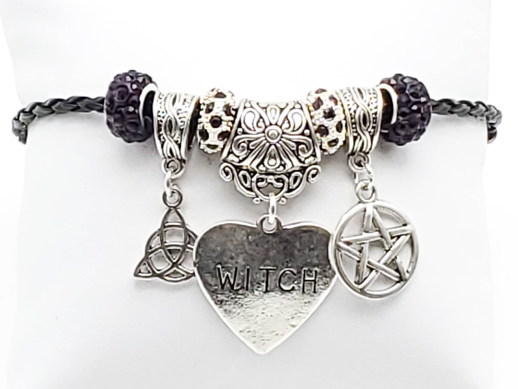 Black Leather Bracelet with Triquera, Pentacle and WITCH Heart Charms - The Caffeinated Raven
