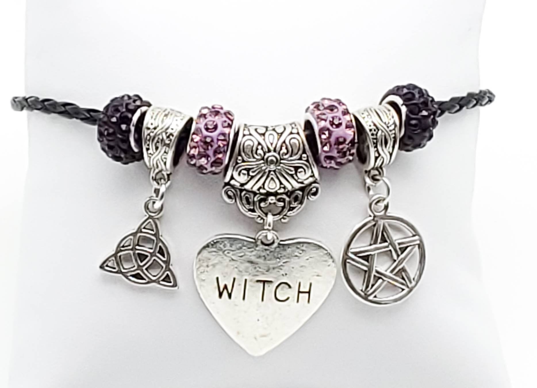 Black Leather Bracelet with Triquera, Pentacle and WITCH Heart Charms - The Caffeinated Raven