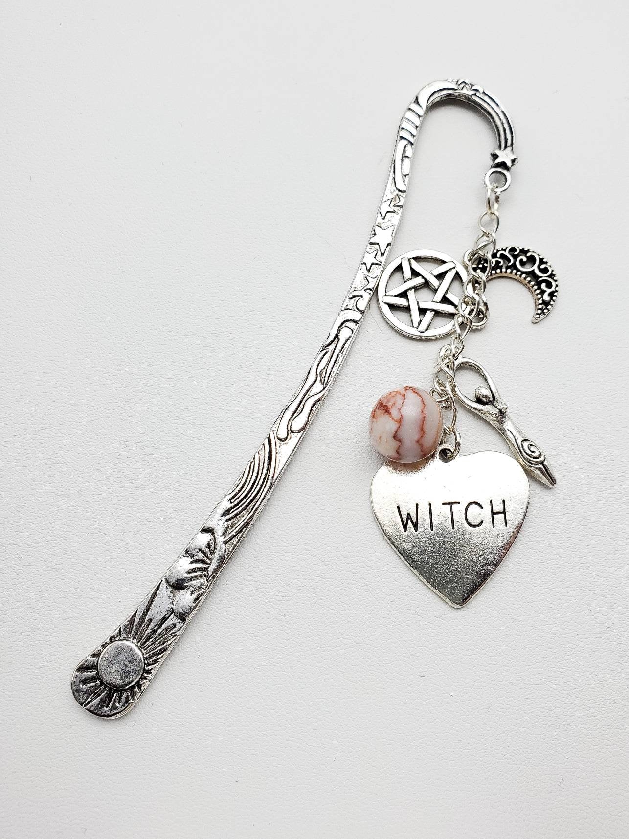 Bookmark with Carnelian Crystal Ball, Moon, Pentacle, Goddess and Heart Charms - The Caffeinated Raven