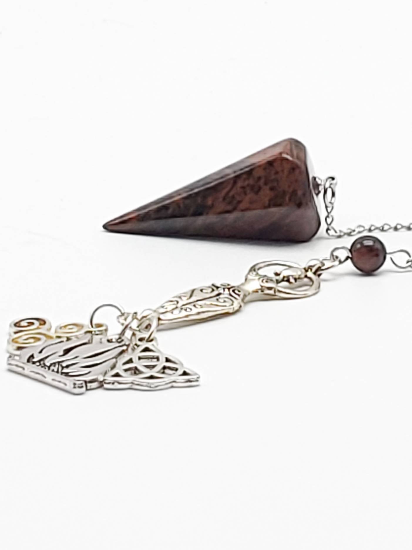 Mahogany Obsidian Pendulum with Goddess, Triskelion, Triquera and Fire Charms - The Caffeinated Raven