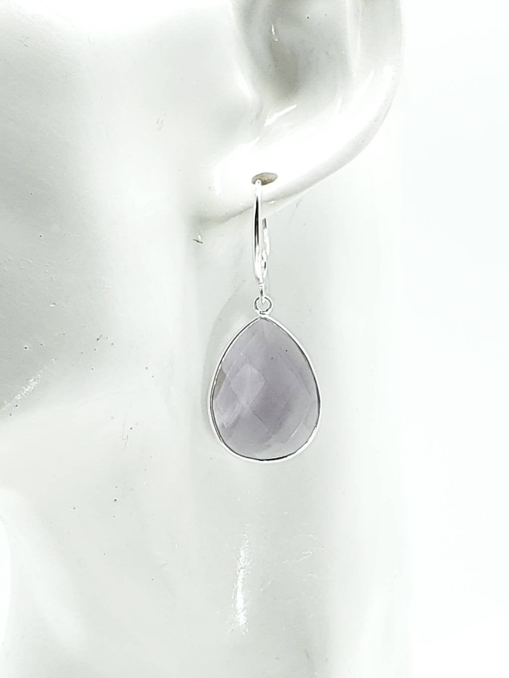 Silver Plated Pear Briolette Amethyst Bezel Earrings on Sterling Silver Ear Wires - The Caffeinated Raven